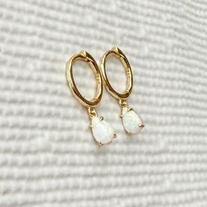 Gold Opal Teardrop Huggie Hoop Earrings Dainty Minimalist Drop